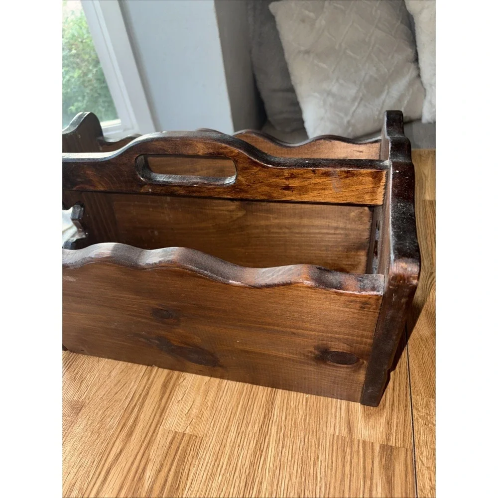 Vintage Solid Wood Mid Century Magazine Record Rack Book Stand Star Cut Out